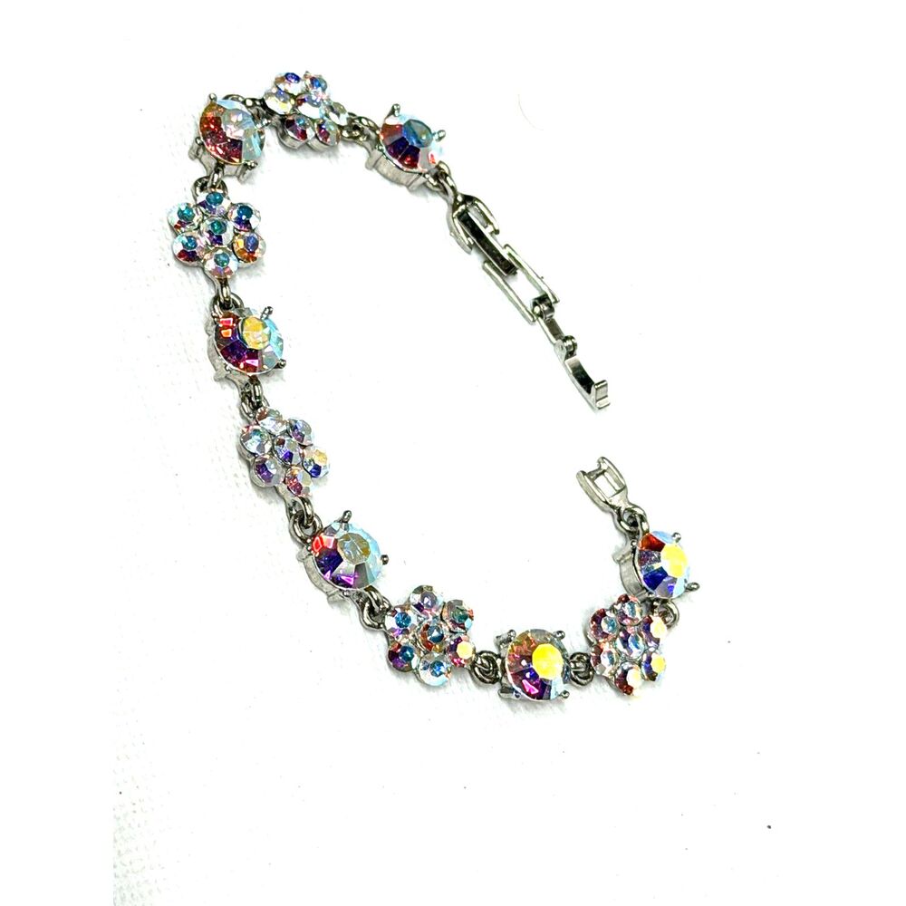 Jim Ball Adjustable Aurora Borealis Crystal Link Bracelet Sz 6-6.5 RB008